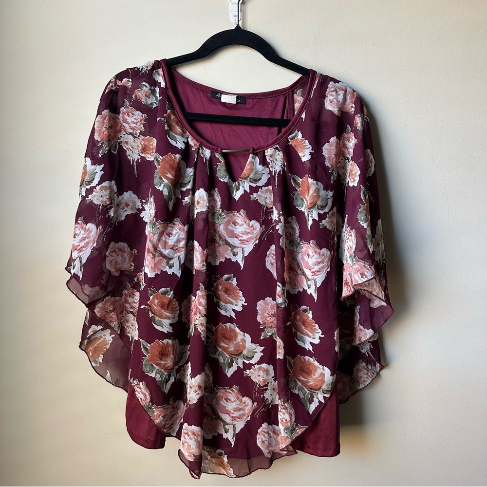 Norma Allen burgundy floral print chiffon batwing blouse Size 2X Top